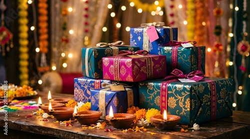Diwali gift boxes and traditional oil lamps on wooden table