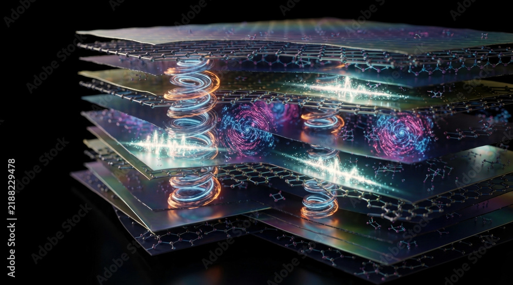 Obraz premium Layered 2D heterostructure with spin textures, trapped polaritons, and magnetic vortices in nanothin sheets