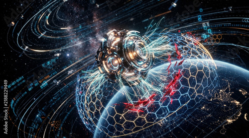 AI cybersecurity sentinel above a networked globe, projecting hexagonal barriers, intrusion fragments, self healing code filaments, and orbital threat data.