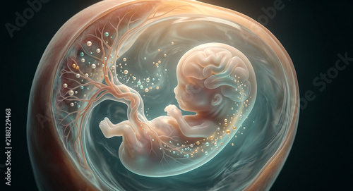 Early pregnancy cutaway with translucent embryo, hormone molecules, developing brain, placental vessels, and amniotic fluid.