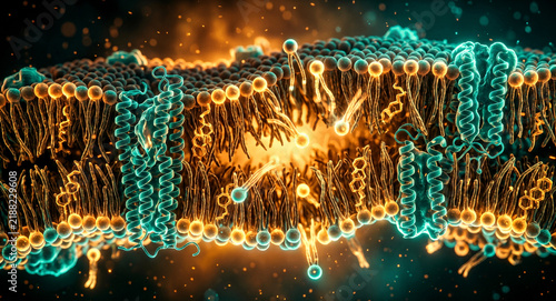 Extreme macro plasma membrane bilayer under heat stress with phospholipids flipping, embedded proteins, and cholesterol stabilizers.