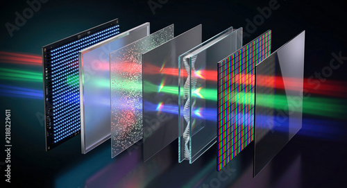 Exploded display panel cross-section with mini-LED backlight, quantum dot color layer, liquid crystal shutter, and polarizing films