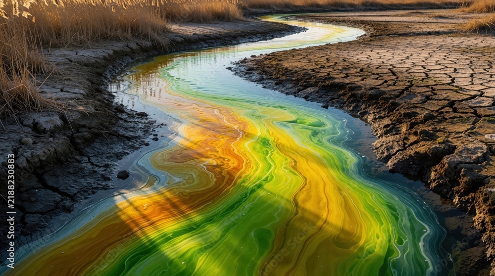 Obraz premium Muddy river with bright yellow and green swirls. Cracked dry earth borders the polluted water. Dead reeds stand on bank. Scenic nature landscape reflects environmental issues.