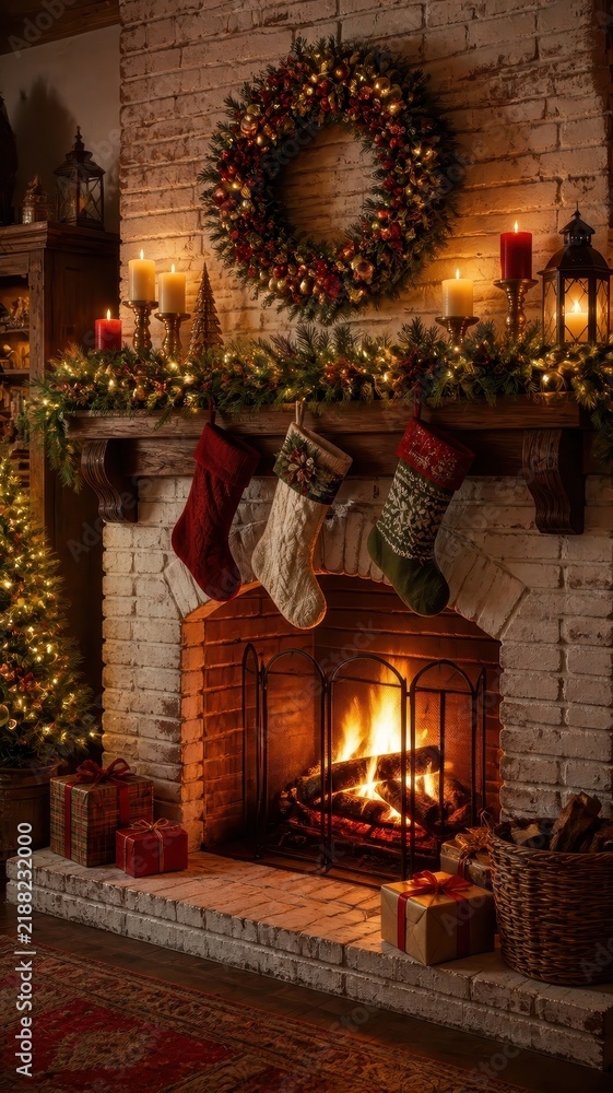 Obraz premium Cozy Christmas fireplace scene, warm rustic festive style, mobile wallpaper