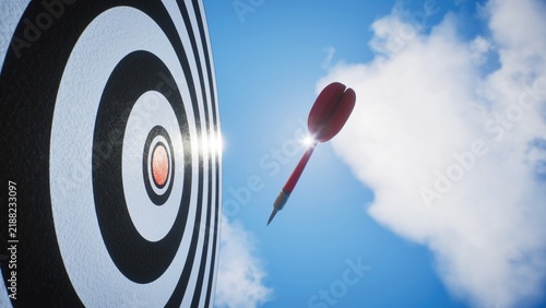 Bild auf Leinwand Corporate goal concept, side view of red dart arrow on target board with sunlight