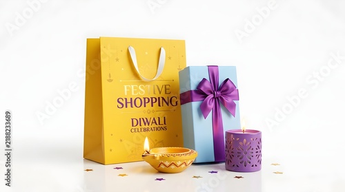 Diwali festive shopping bag and gift box isolated on white background