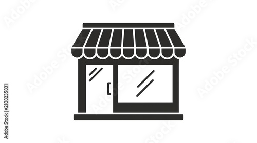 Minimalist storefront icon with awning isolated on a white background
