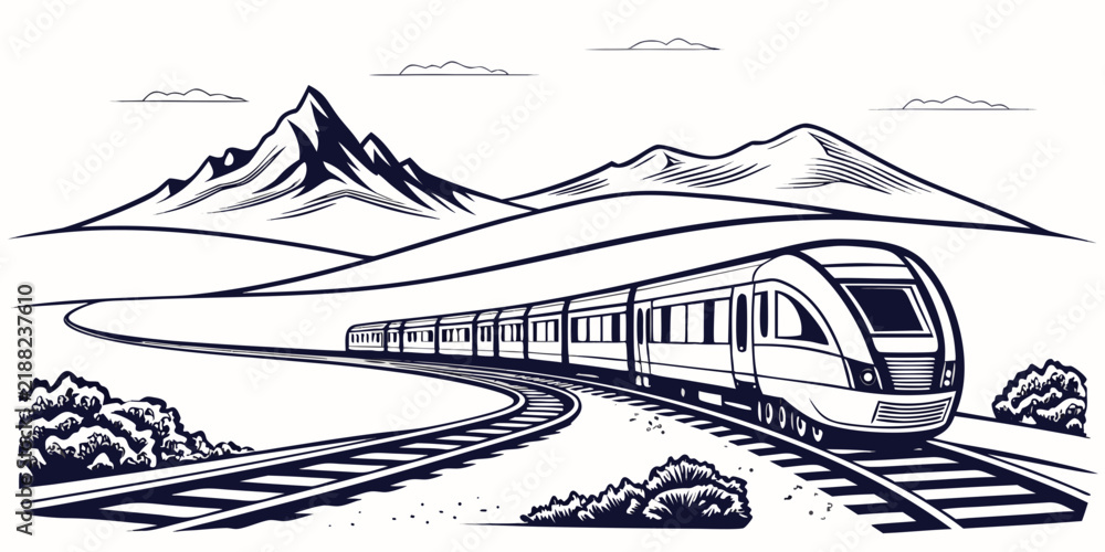 Fototapeta premium Graphic illustration of a sleek high speed train moving through a vast mountain landscape with clear sky