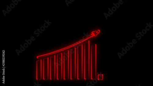 Red Neon Line Rocket Launching Over Bar Chart Animation for Business Startup Growth