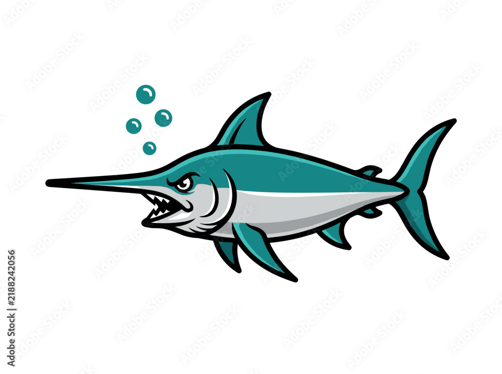 Obraz premium Angry Swordfish Mascot Character Swimming Underwater