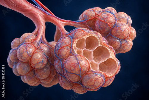 Human lung alveoli with surrounding capillaries in 3D