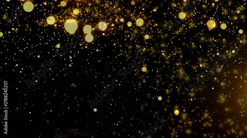 Golden Floating Particles and Sparkling Bokeh Lights on Dark Background