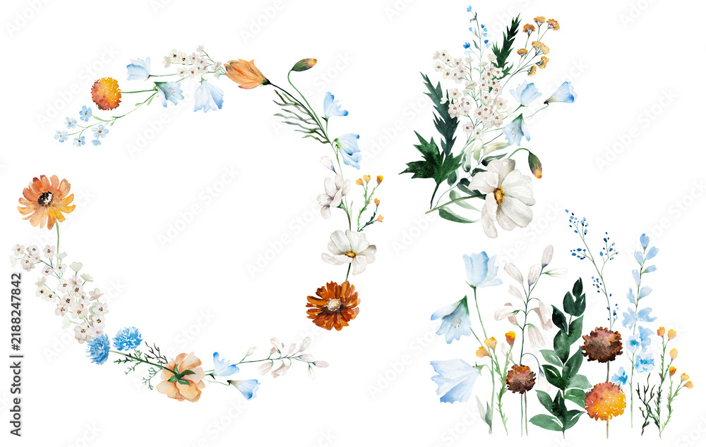 Fototapeta premium Watercolor floral clipart with blue, ivory and orange wildflowers, illustration for wedding stationery