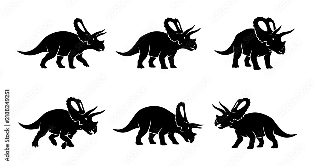 Obraz premium Six Silhouette Triceratops Dinosaur Icons, Prehistoric Reptile Vector Set, Ancient Creature Graphics