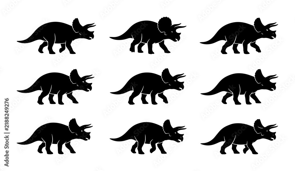 Obraz premium 9 Triceratops Silhouettes, Dinosaur Vector Icons, Prehistoric Creature Graphics for Kids and Education
