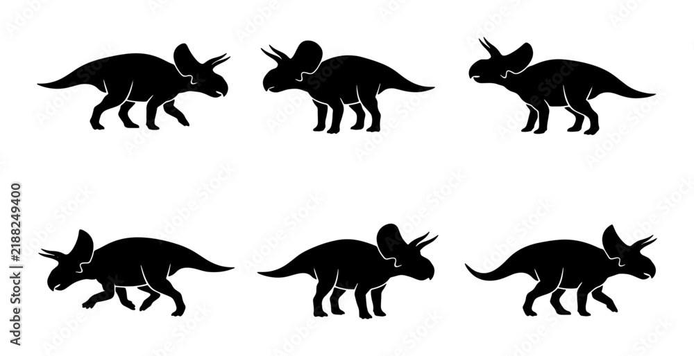 Obraz premium Triceratops Dinosaur Silhouettes, Prehistoric Creature Icons, Ancient Reptile Vector Set