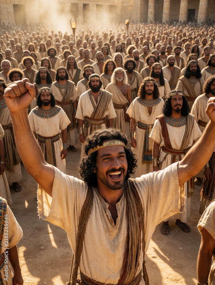 Obraz premium Joyful ancient Egyptian man cheers with crowd in dusty plaza. People in period attire celebrate. Sunlight illuminates scene a film set evokes history.