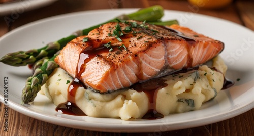 Grilled Salmon Fillet with Mashed Potatoes and Asparagus
