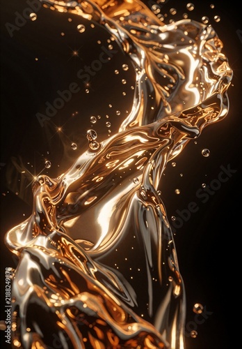 Liquid Gold Splash with Sparkling Droplets on Black Background