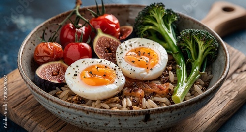 Healthy Buddha Bowl with Soft Boiled Eggs, Roasted Tomatoes, Broccoli and Figs