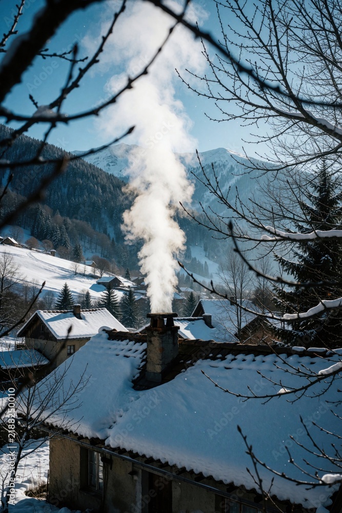 Fototapeta premium Snow covered village houses with smoke rising from chimney. Winter scene in mountains. Cold weather and heating inside residential buildings. Rural home warmth.