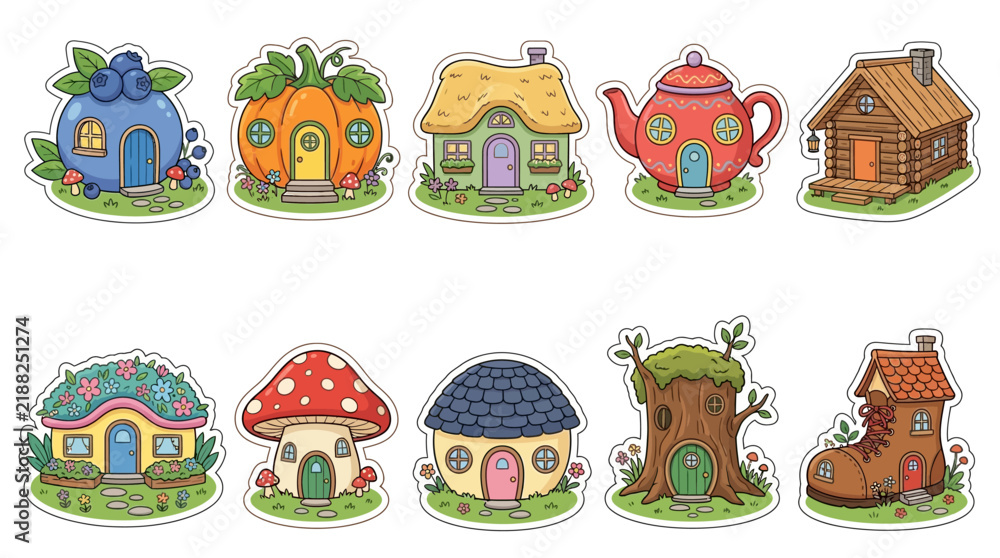 Fototapeta premium Whimsical fantasy cottages with unique shapes and colors in a playful