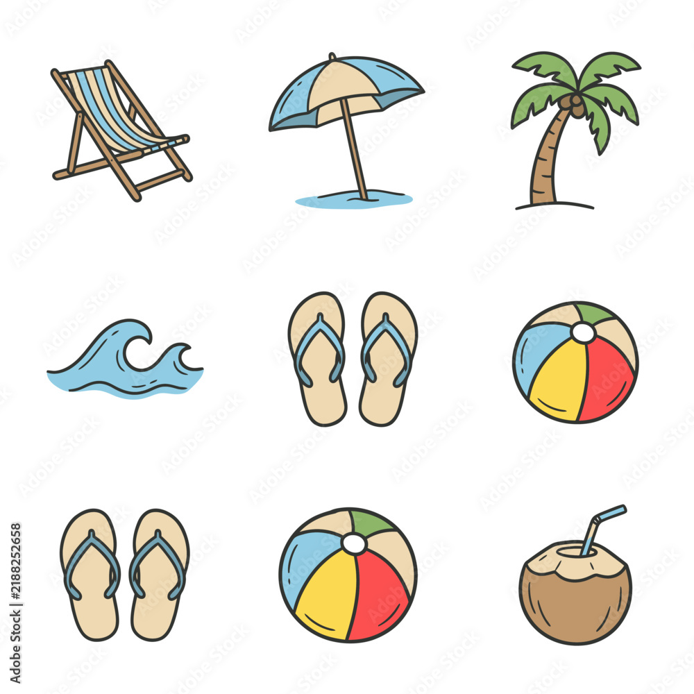 Fototapeta premium Dynamic Colorful Beach and Summer Icons Set with Deck Chair Umbrella Flip Flops Beach Ball Waves and Cocktail