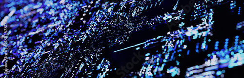 Microelectronics processor with blue glow . Futuristic abstract hi-tech electronics equipment background, IC circuit pattern surface. Black surface with sci-fi style circuits. 3D rendering.
