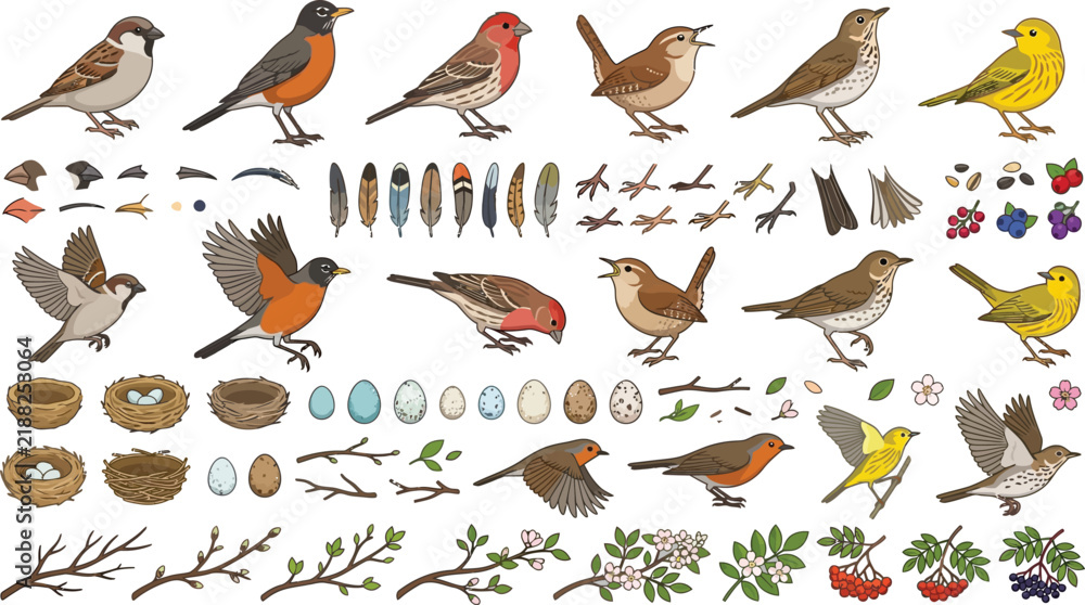 Fototapeta premium Various small songbirds and nesting elements in a clean vector illustration style