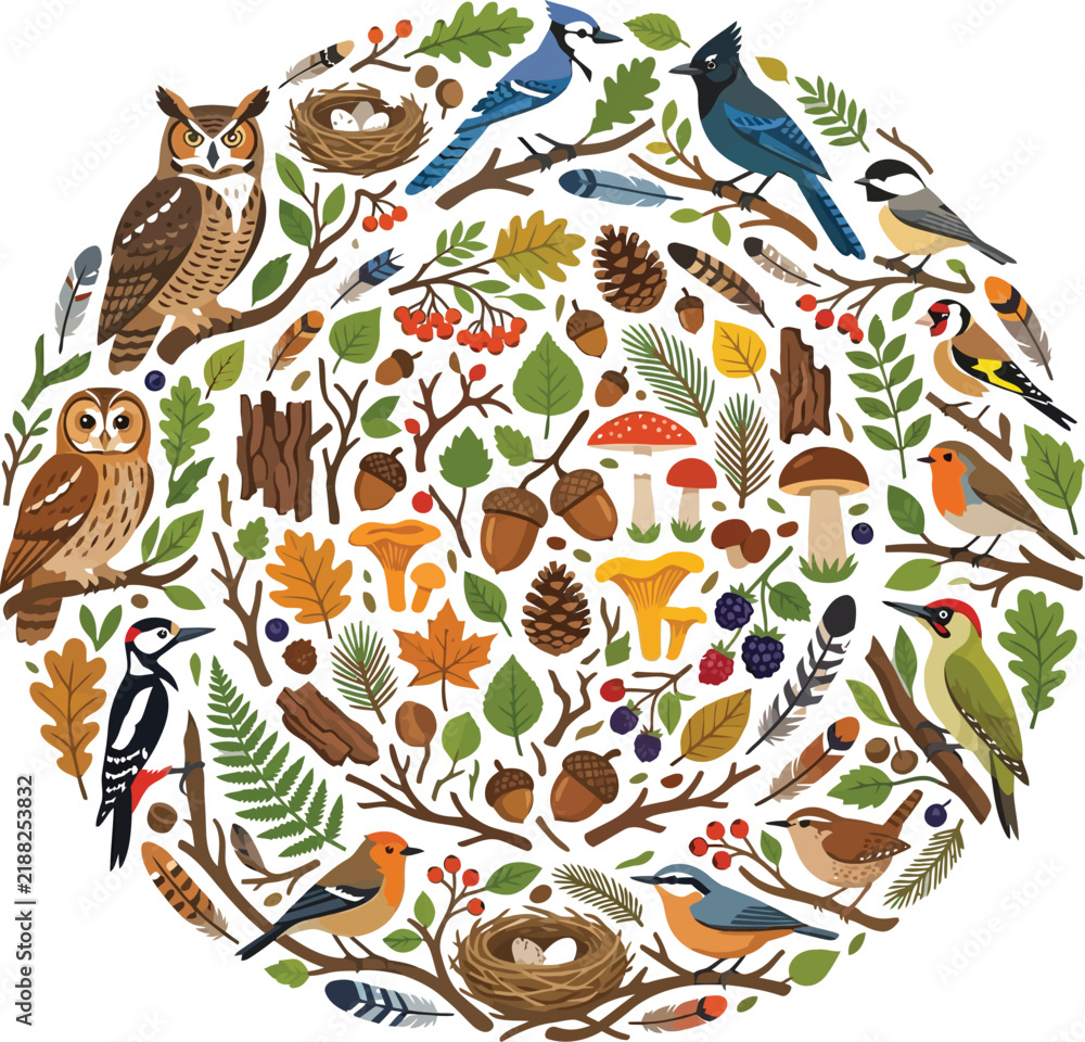 Obraz premium Woodland birds and forest elements arranged in a circular pattern vector illustration