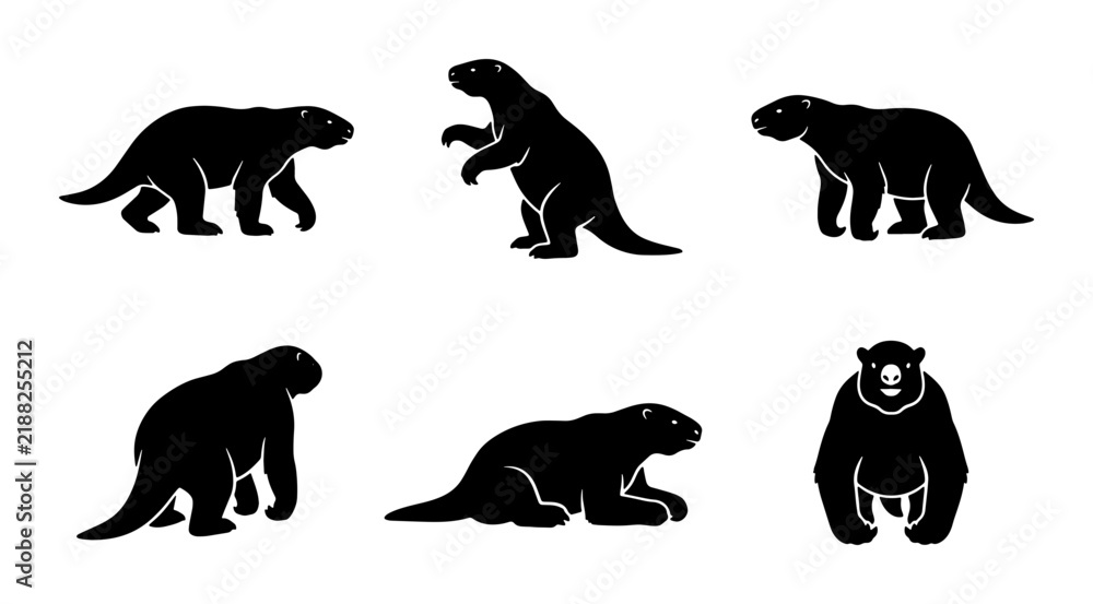 Fototapeta premium Prehistoric Sloth Icons, Ancient Mammal Silhouettes, Extinct Animal Vector Set