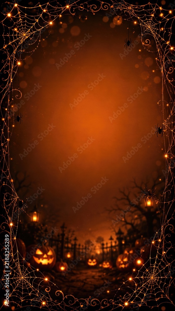 Obraz premium Halloween background with glowing spider web frame and jack o lantern pumpkins in misty night graveyard.