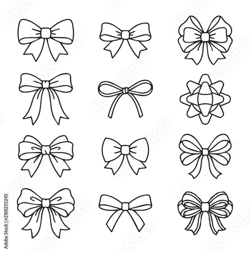 Collection of hand drawn bow ties in a simple line art style on a white background for design