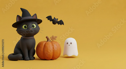 Cute Black Cat With Witch Hat, Pumpkin, Ghost and Bat On Yellow Background For Halloween