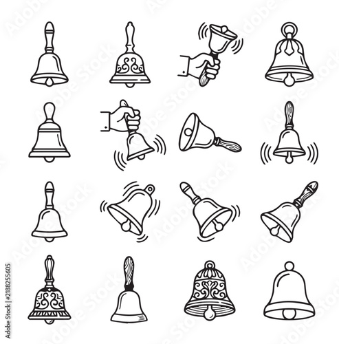 Collection of hand-drawn bell icons with various styles and motion lines on a white background for graphic design
