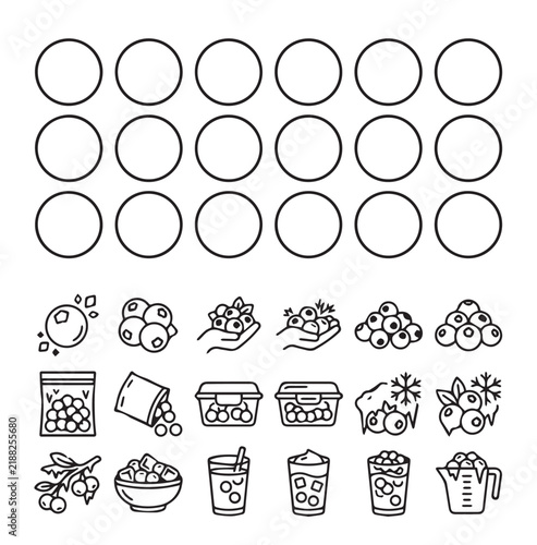 Collection of hand-drawn blueberry icons in a clean minimalist style for commercial use