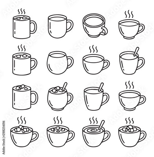 Collection of hot beverages in ceramic cups with steam and marshmallows on white background