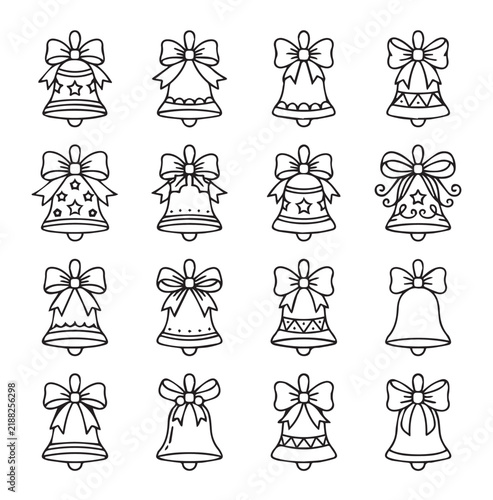 Collection of outlined festive bells with bows for holiday design elements in a clean graphic style