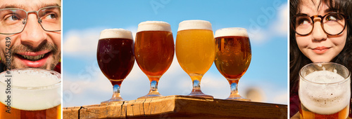Bild auf Leinwand Beer lovers frame outdoor tasting flight with oversized foamy glasses
