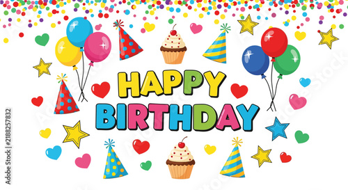Happy Birthday Confetti Balloons Cupcakes Party Hats Stars - Festive Celebration