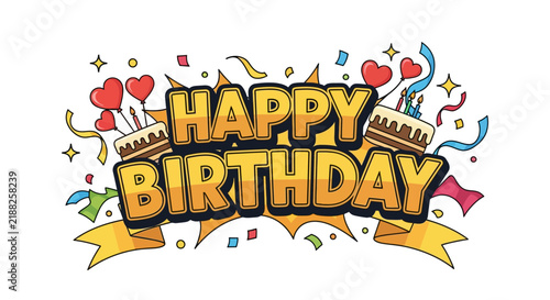Happy Birthday Party Celebration Banner with Cakes, Balloons and Confetti