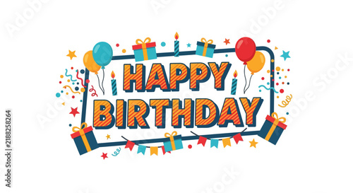 Happy Birthday text art with balloons, gifts, and confetti