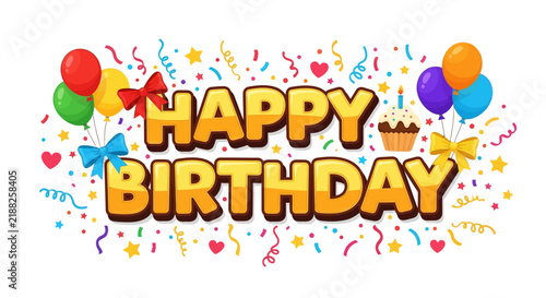 Happy Birthday Text with Balloons, Confetti, and Cupcake - Celebration Banner