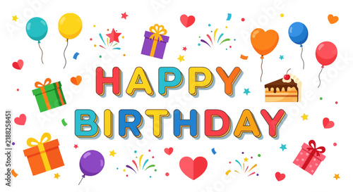 Happy Birthday text with balloons, gifts and confetti - celebration banner