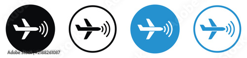 Bild auf Leinwand Airplane Wi-Fi signal icon set showing aircraft emitting wireless waves in circular badges, perfect for inflight connectivity, internet, and modern travel UI