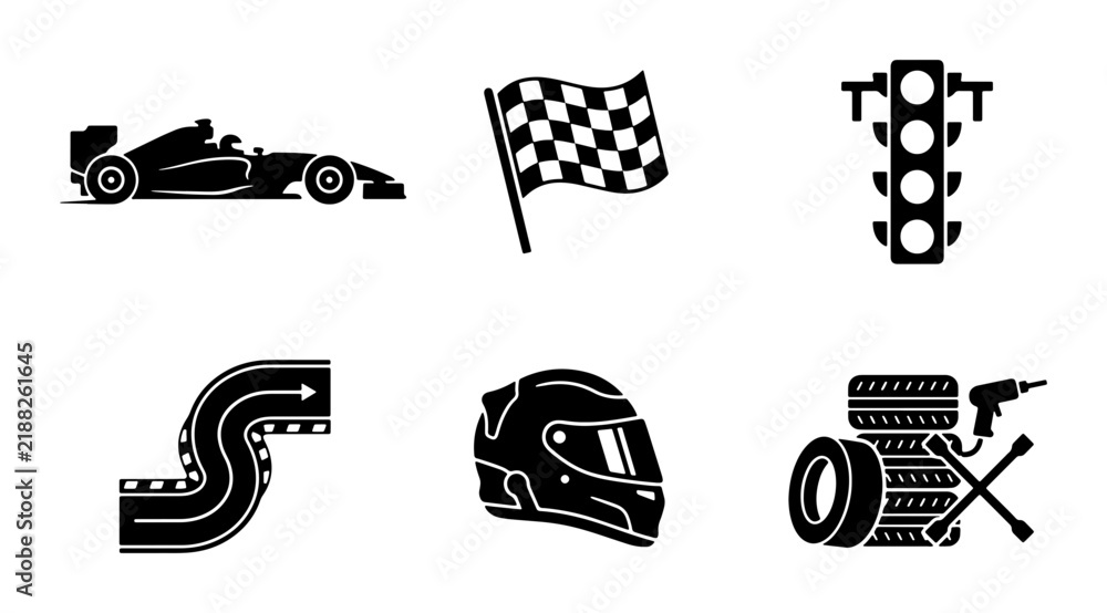 Obraz premium Formula 1 Racing Icons, Motorsport Vector Set: Car, Flag, Traffic Light, Track, Helmet, Wheels