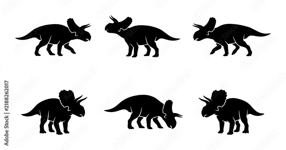 Obraz premium Triceratops Dinosaur Silhouettes, Prehistoric Animal Icons, Ancient Reptile Vector Set