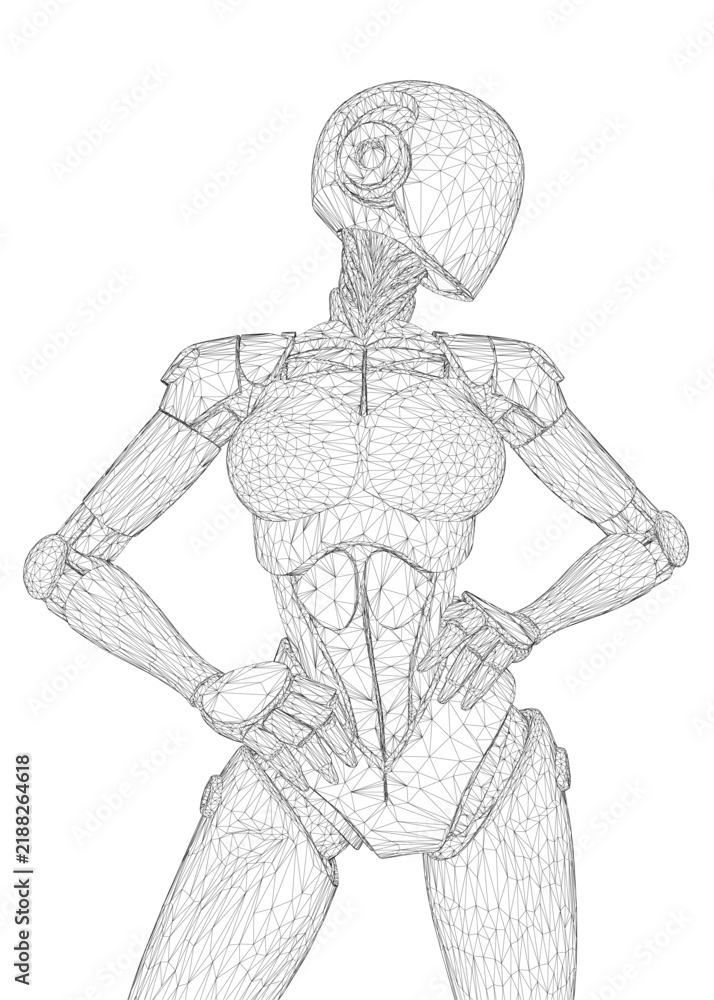 Fototapeta premium Female robot wireframe stands with hands on hips, 3D model design on white background.
