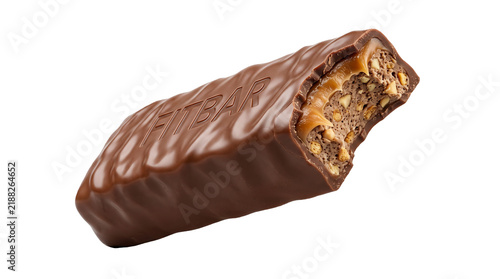 Konstfotografi Bitten chocolate fitness bar with caramel and nuts for energy and healthy snack