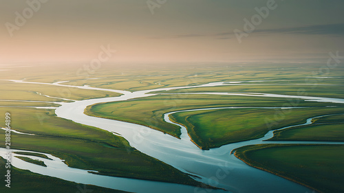An aerial view of a winding river delta flowing through vast green wetlands and grassy plains under a soft sunset sky with a calm and expansive natural landscape